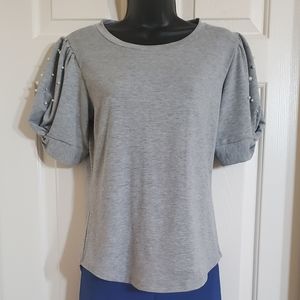 Gray Short Sleeve Shirt with Pearl Embellishments